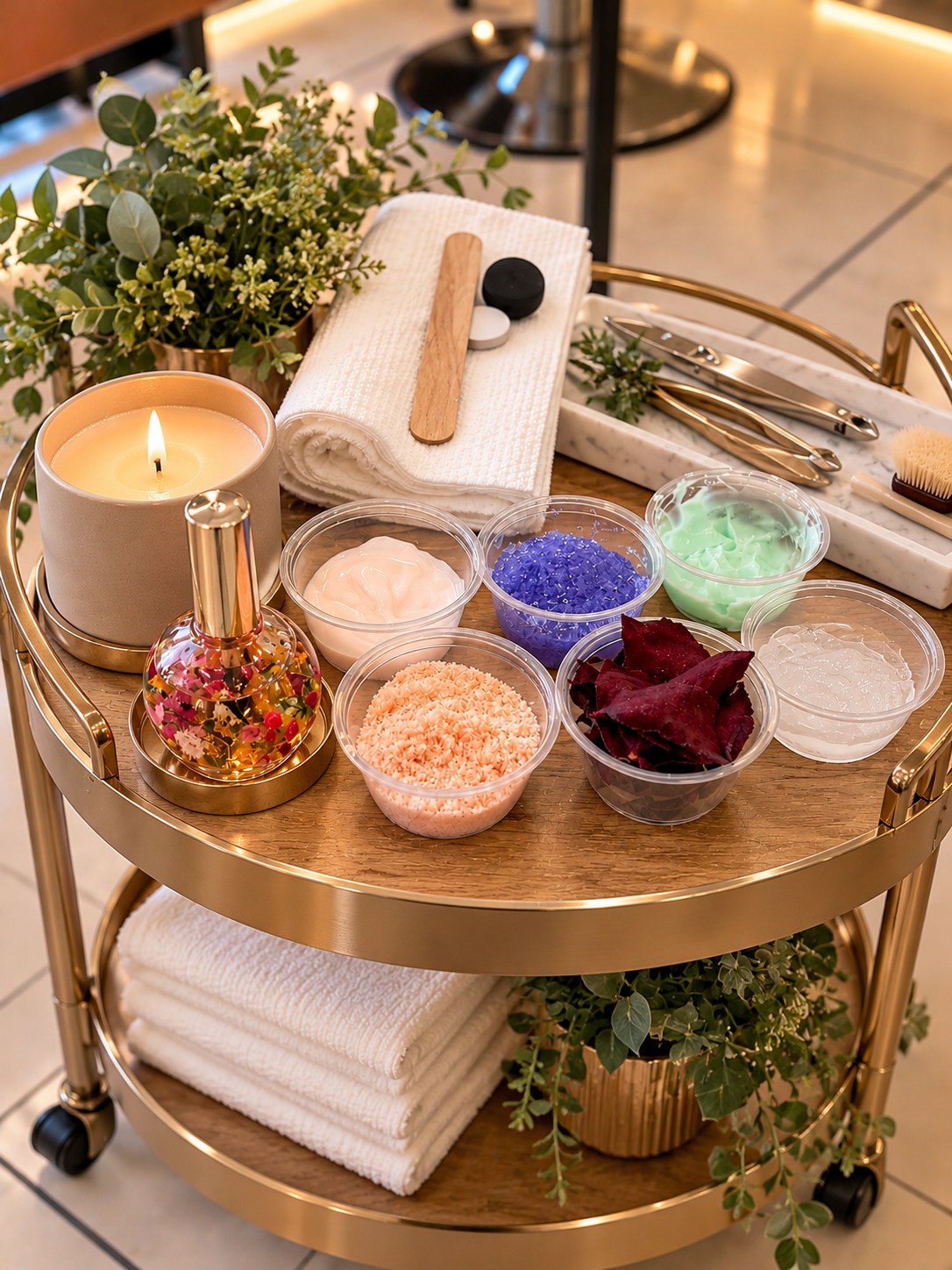 M Vogue signature pedicure cart with candle, cuticle oil, soaking salts, rose petals, scrubs and warm towels